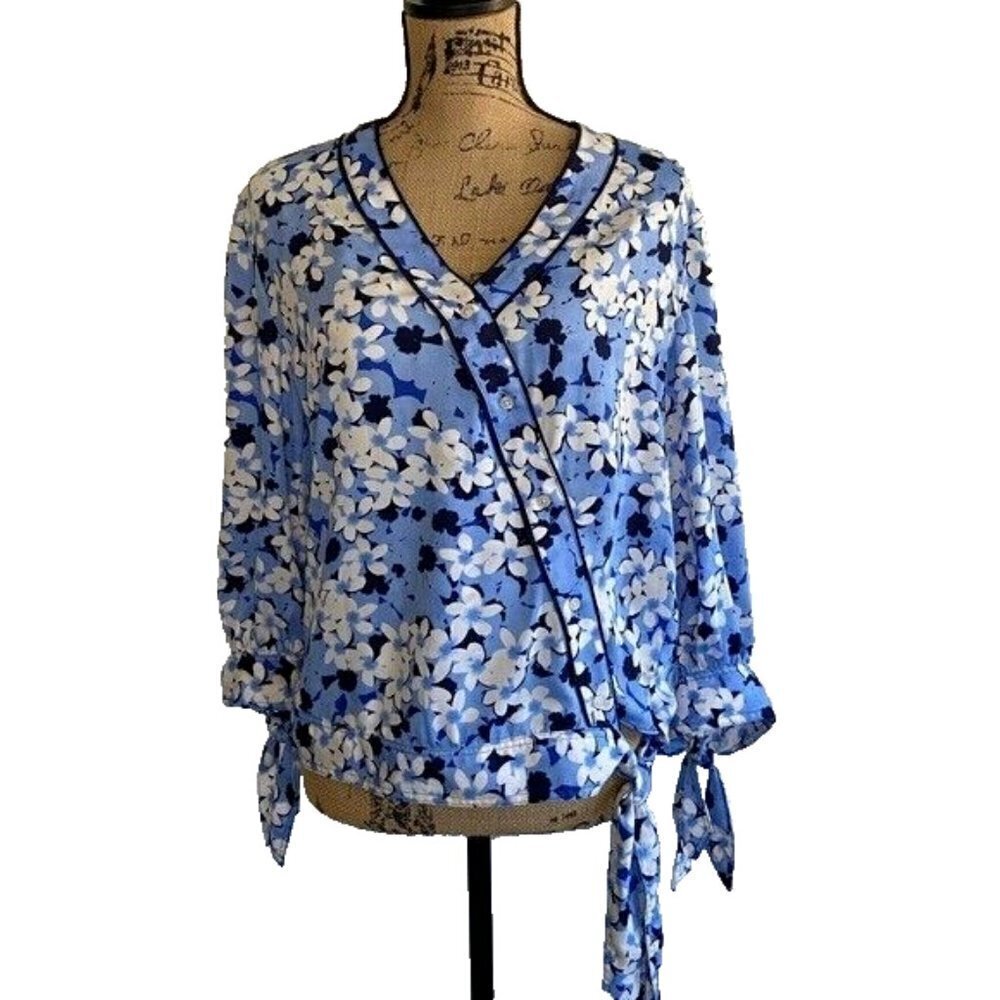 Lauren Ralph Lauren Women's 3/4 Sleeve Satin Floral Top Size M Blue Faux Wrap